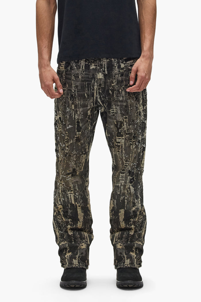 Bootcut denim jeans with beaded embellishment and all-over destroy detailing in various sizes.