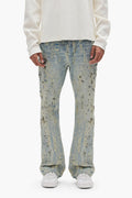Bootcut denim P026 Bead Splatter Destroy with mid rise and beaded embellishments.