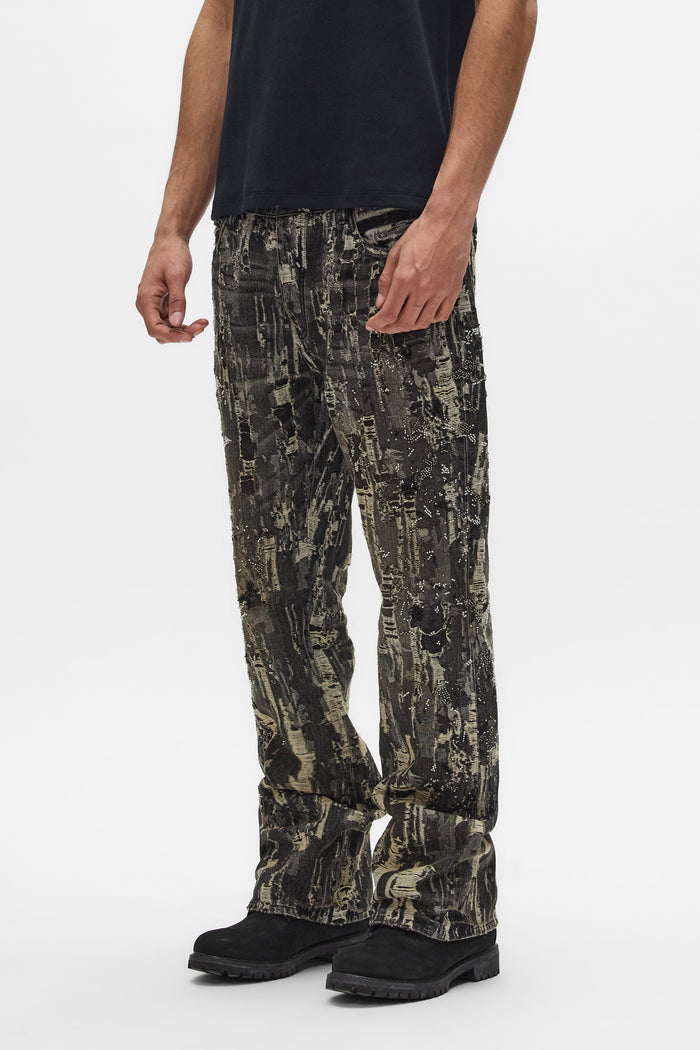 P026 Bead Splatter Destroy bootcut denim with beaded embellishment and all-over destroy detail
