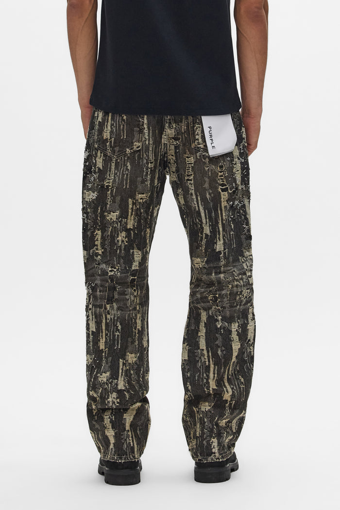 P026 Bead Splatter Destroy denim bootcut pants with beaded embellishment and all over destroy details.