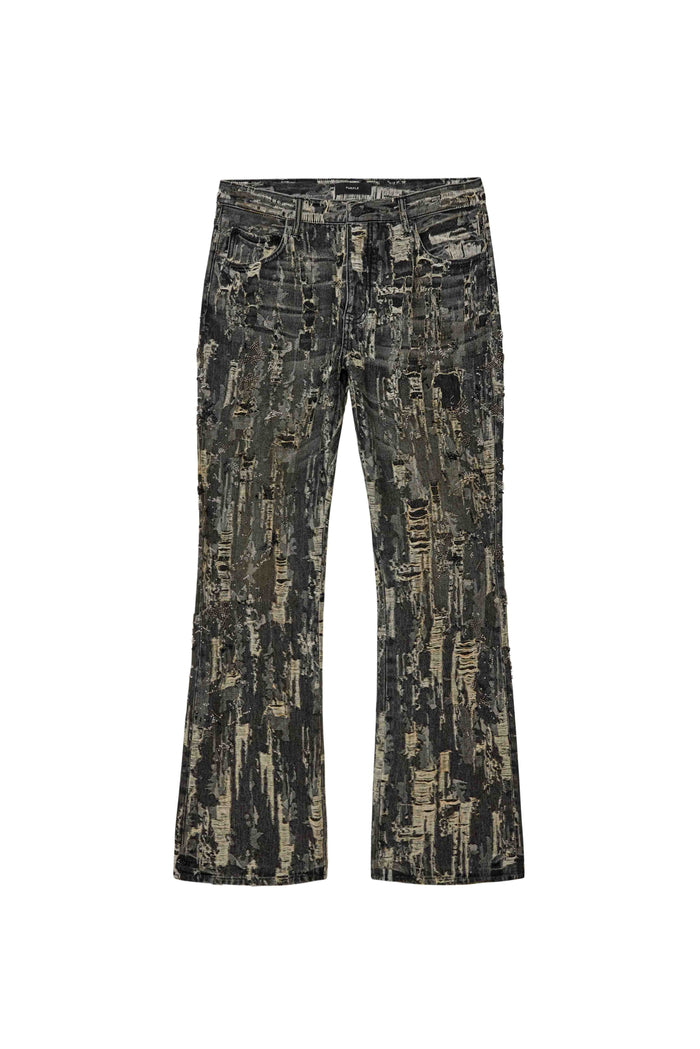 Bead Splatter Destroy washed black bootcut denim with beaded embellishment and all-over destroy details.