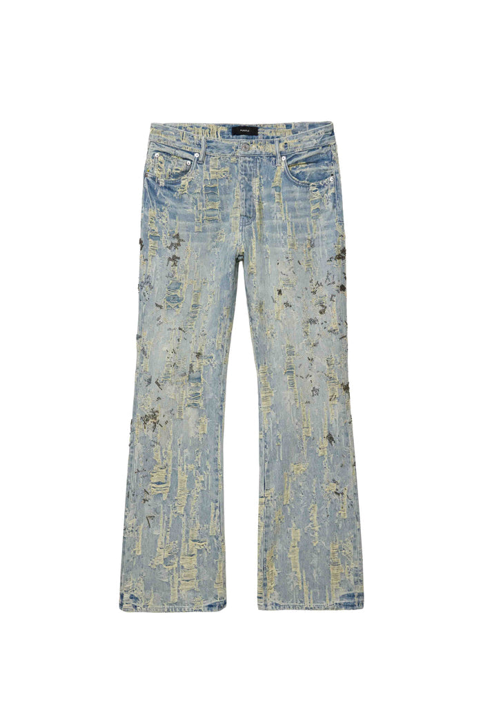 Bootcut denim P026 Bead Splatter Destroy in light indigo with beaded embellishments.