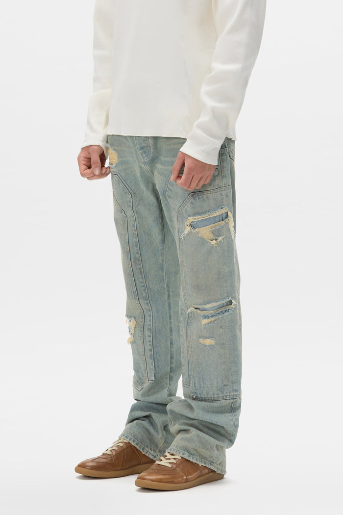P026 Double Carpenter bootcut denim with mid rise and double front panels, size options 28-40.