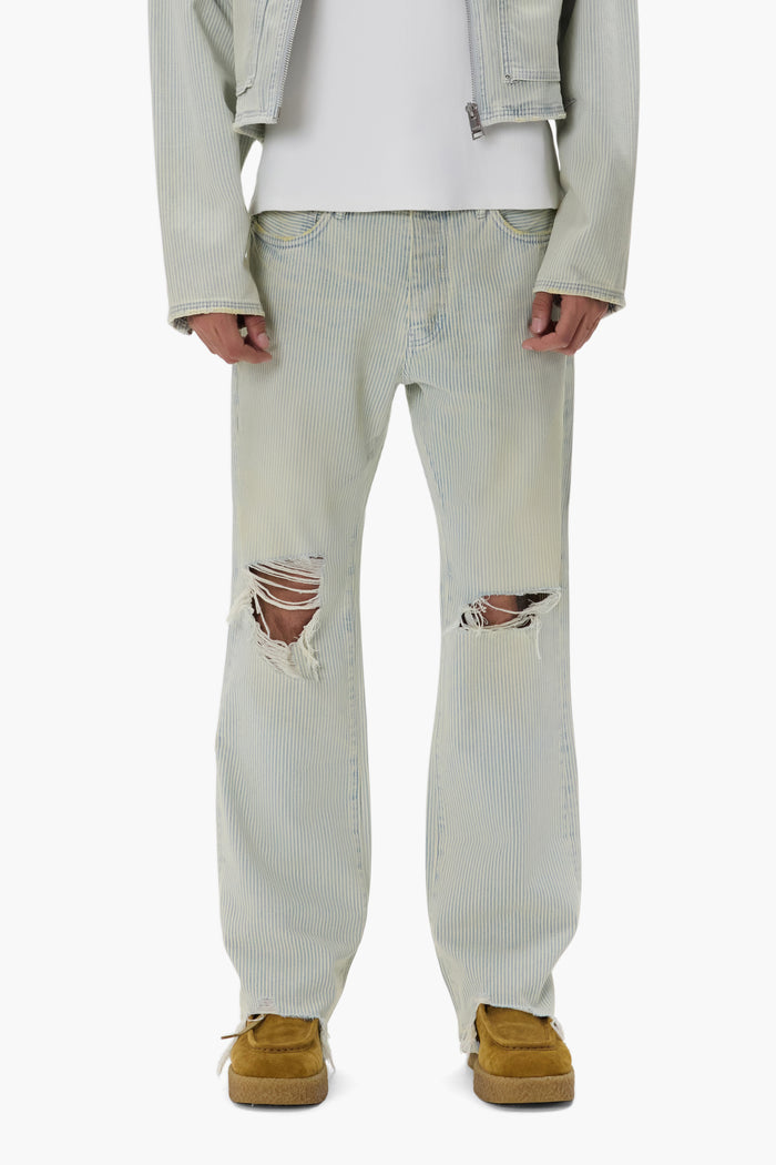 Hickory Stripe Bootcut Denim with Knee Blowouts and Sharkbite Hem in various sizes