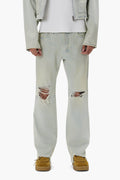 Hickory Stripe Bootcut Denim with Knee Blowouts and Sharkbite Hem in various sizes