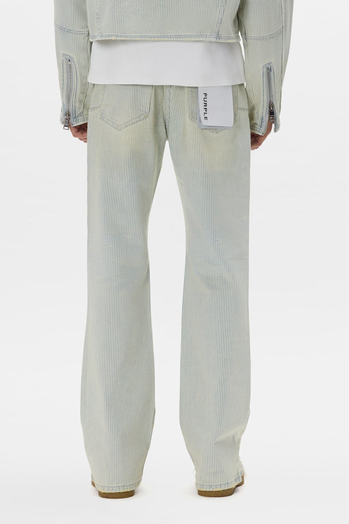 Hickory Stripe Bootcut Denim with Knee Blowouts and Sharkbite Hem, Mid Rise, various sizes