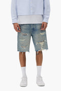 P059 Beaded Destroyed Short with raw edge hem, rips, and beaded patches in various sizes