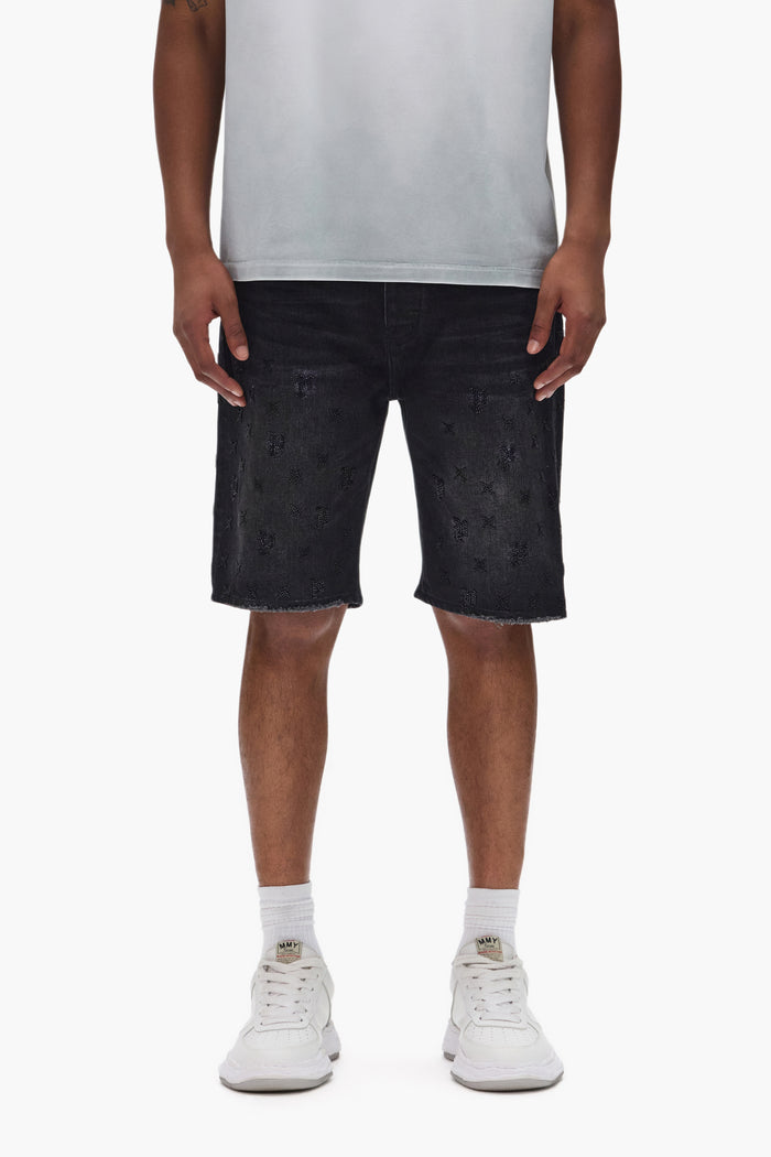 Beaded Monogram Short with relaxed fit, 100% cotton, featuring a raw cut hem and 5 pocket styling.