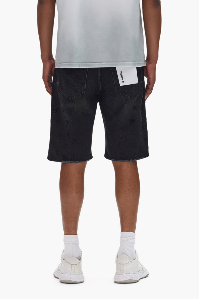 P059 Beaded Monogram Shorts with raw cut hem and 5 pocket styling in relaxed fit.