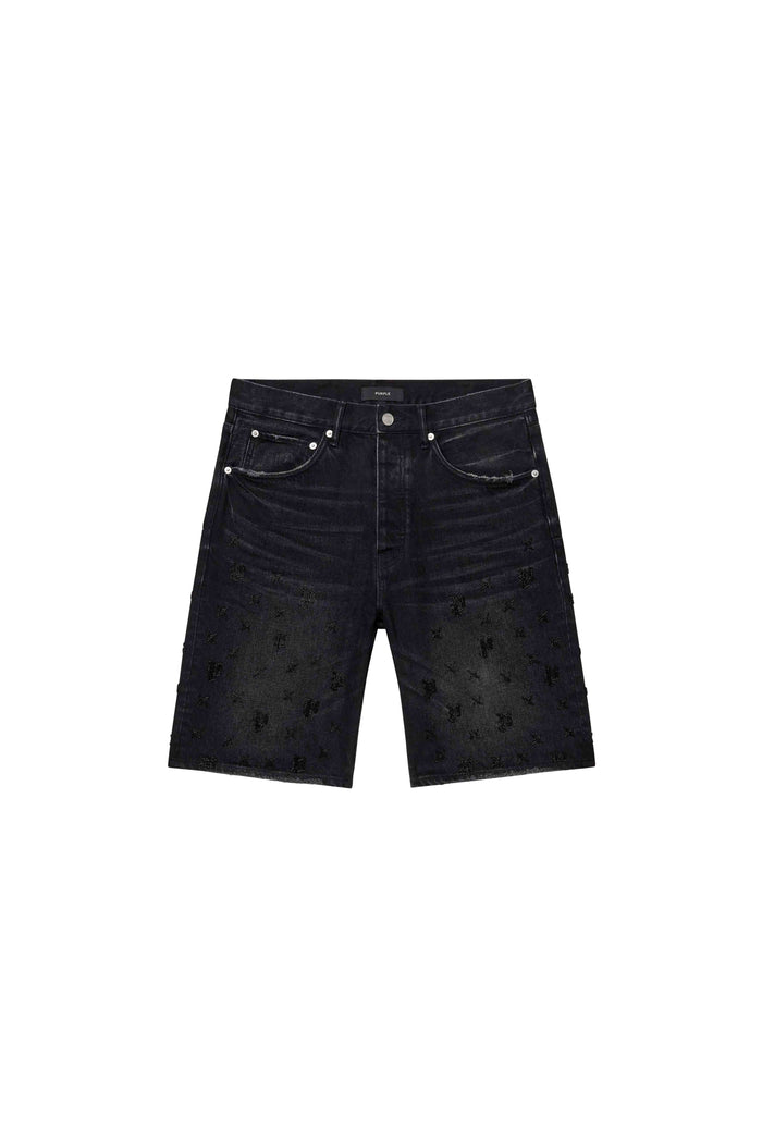 P059 Beaded Monogram Shorts in Washed Black with relaxed fit and raw cut hem.