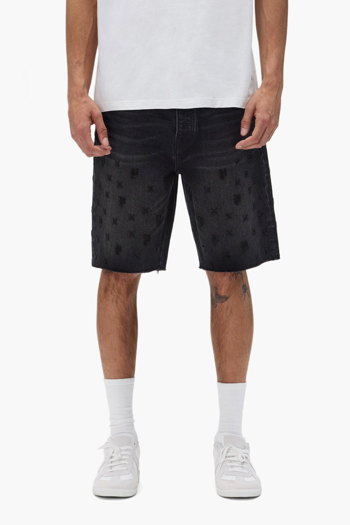 Beaded Monogram shorts with relaxed fit and raw cut hem, available in various sizes.