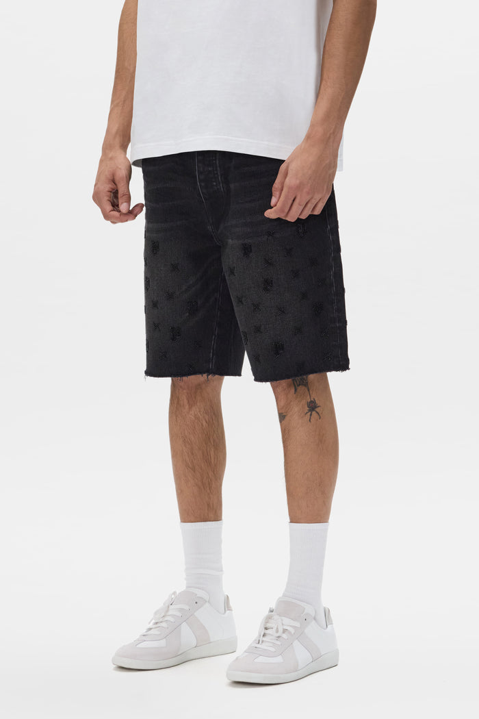 Beaded Monogram Shorts with relaxed fit and raw cut hem, available in sizes 28-40.