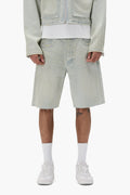 Hickory striped shorts with relaxed fit, 100% cotton, and button fly detailing.