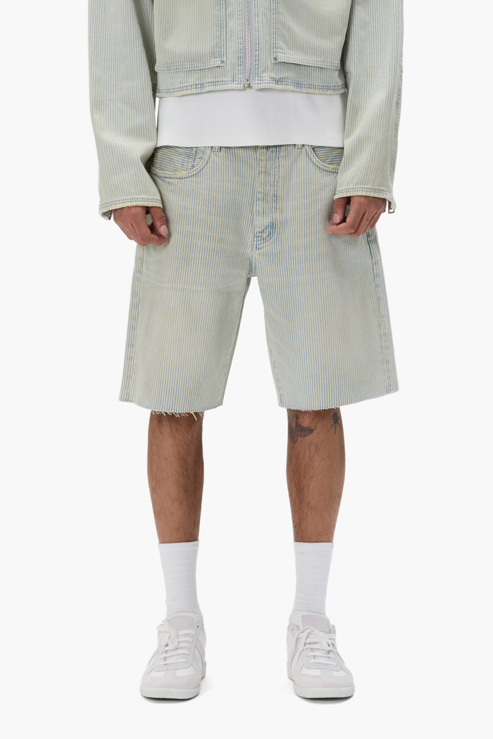 Hickory striped shorts with relaxed fit, 100% cotton, and button fly detailing.