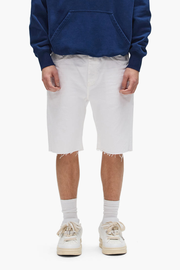 P059 Optic Short in white, relaxed fit denim shorts with 5 pocket styling and raw cut off hem.