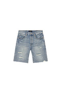 P059 Painterly Rip Short in light indigo with vintage wash, paint, and rips, relaxed fit.