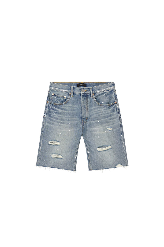 P059 Painterly Rip Short in light indigo with vintage wash, paint, and rips, relaxed fit.