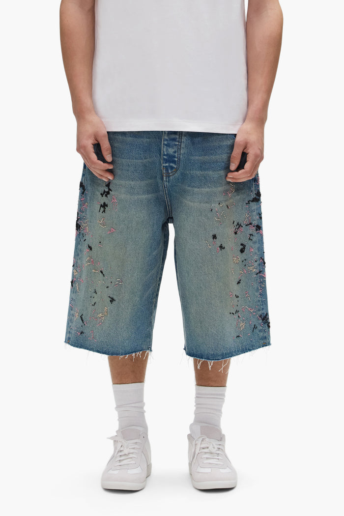 P070 Beaded Splatter Shorts with wide leg style and beaded embroidery, available in sizes 28-40.