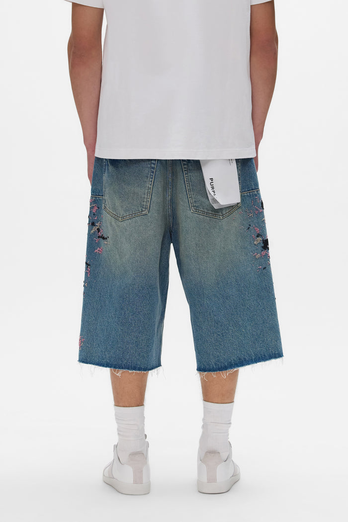 Beaded Splatter Short with wide leg, features 100% cotton and raw cut off hem.