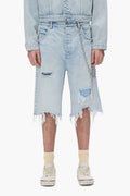 Blowout Patched Shorts with raw cut hem and reinforced belt loops, available in sizes 28-40.
