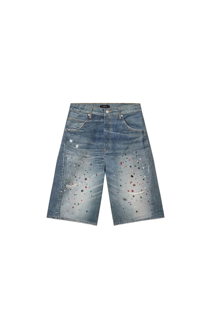 P070 Jewel Long Shorts in indigo with digital denim print and raw hem, available in various sizes.