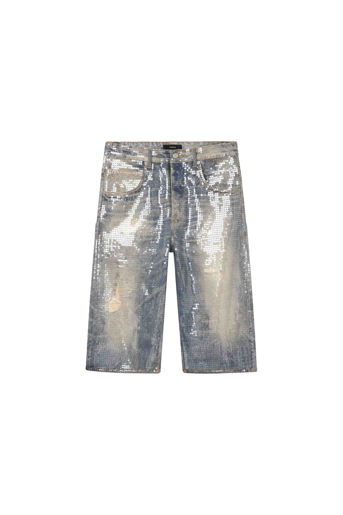 P070 Sequin Shorts in white, wide leg style with hotfix sequins and raw cut hem.