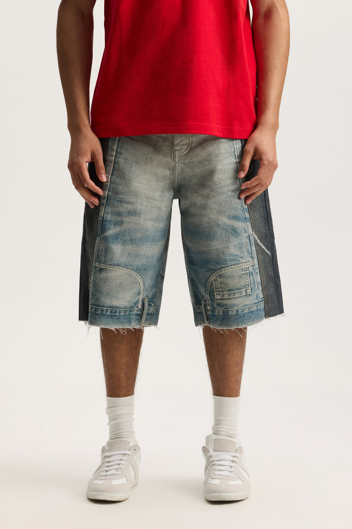 P070 Upside Down Short, white cotton shorts with wide leg and raw cut off hem
