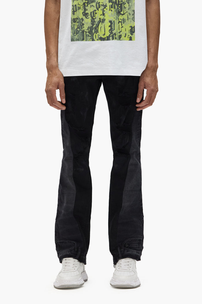 P094 Upside Down Flare low-rise men's jean in black wash with inverted side panels and flared hem