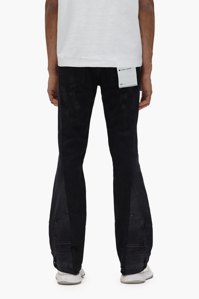 P094 Upside Down Flare black wash men's jeans with inverted side panels and flared hem.