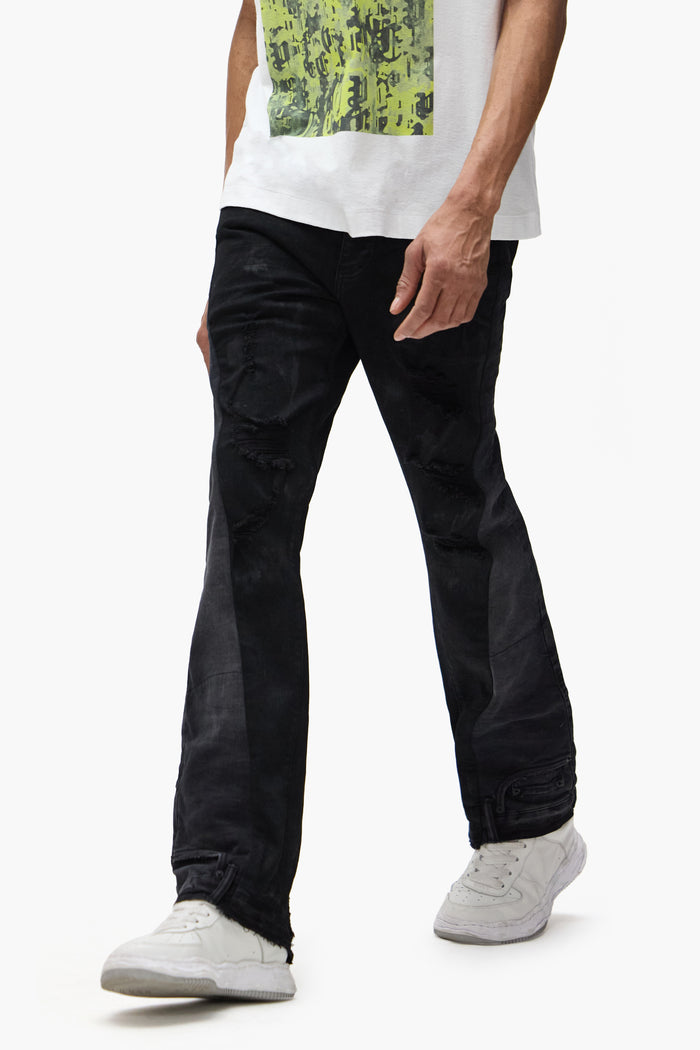 P094 Upside Down Flare low-rise black wash men's jean with flared hem and premium stretch denim