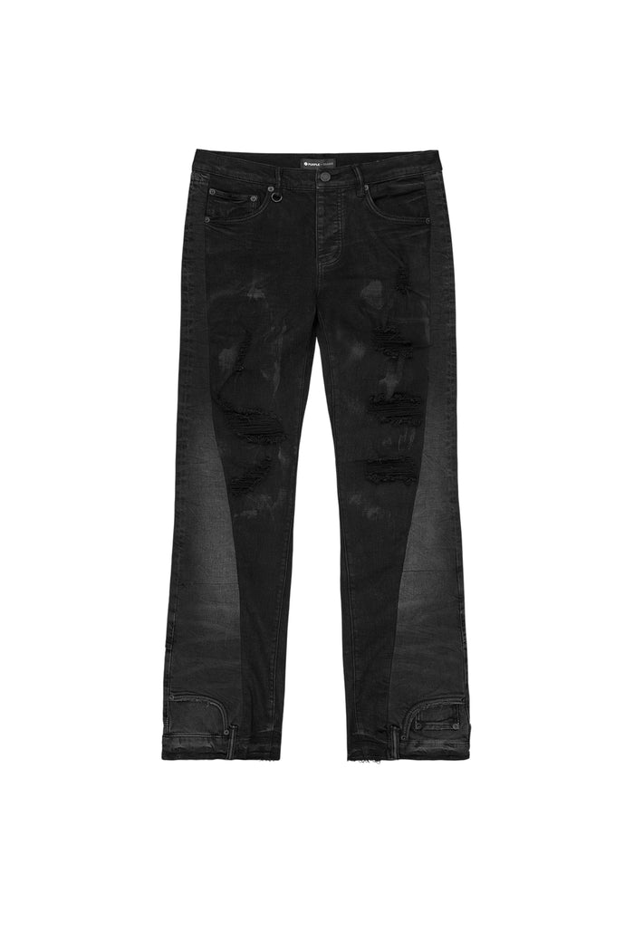 P094 Upside Down Flare black wash men's jeans with inverted side panels and flared hem