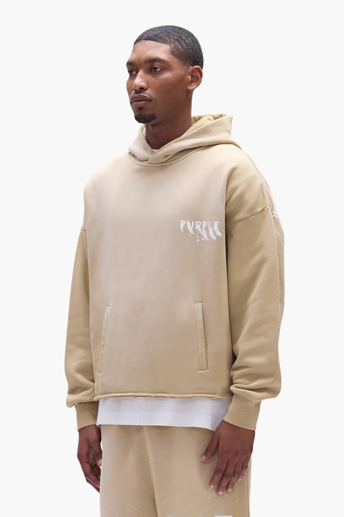 Painted Wordmark Hoodie in beige, oversized fit, 100% cotton, heavyweight fleece, screen printed logo.