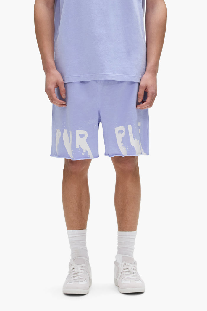 Painted Wordmark Short in purple with elastic waistband and screen printed logo.