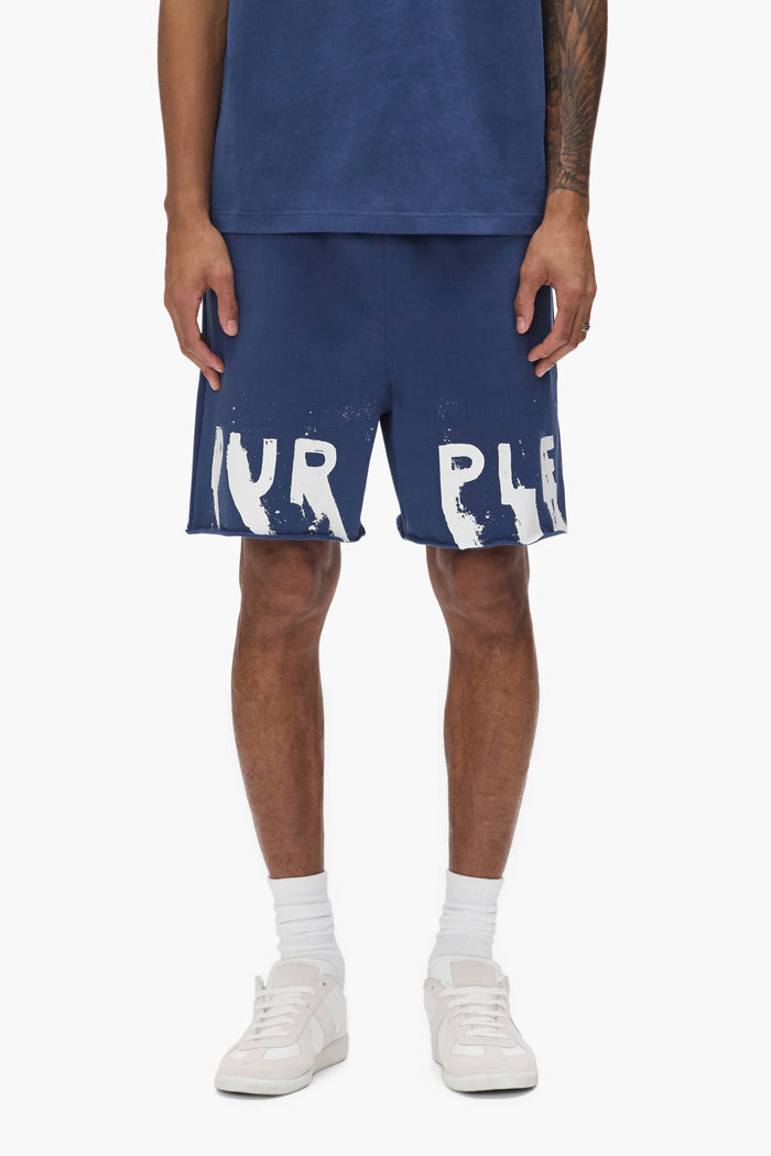 Painted Wordmark Short in blue with elastic waistband and hand pockets, crafted from cotton.