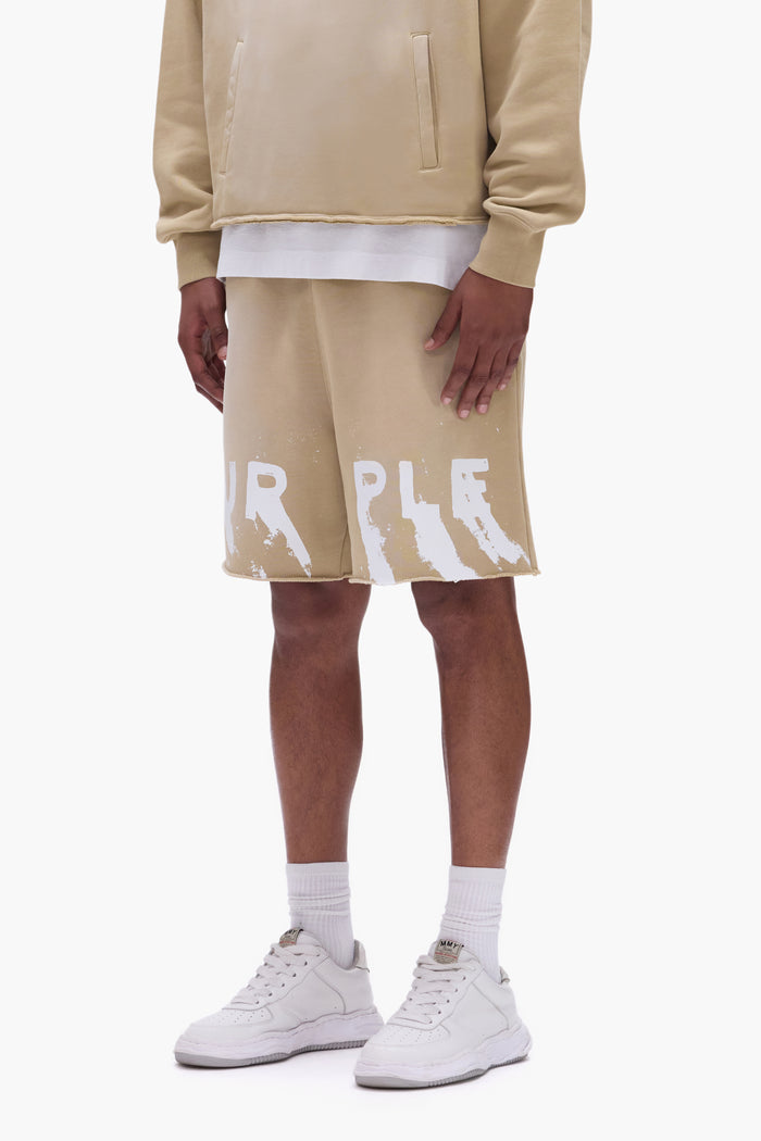Painted Wordmark Short in beige, relaxed fit, heavyweight fleece with screen printed logo.