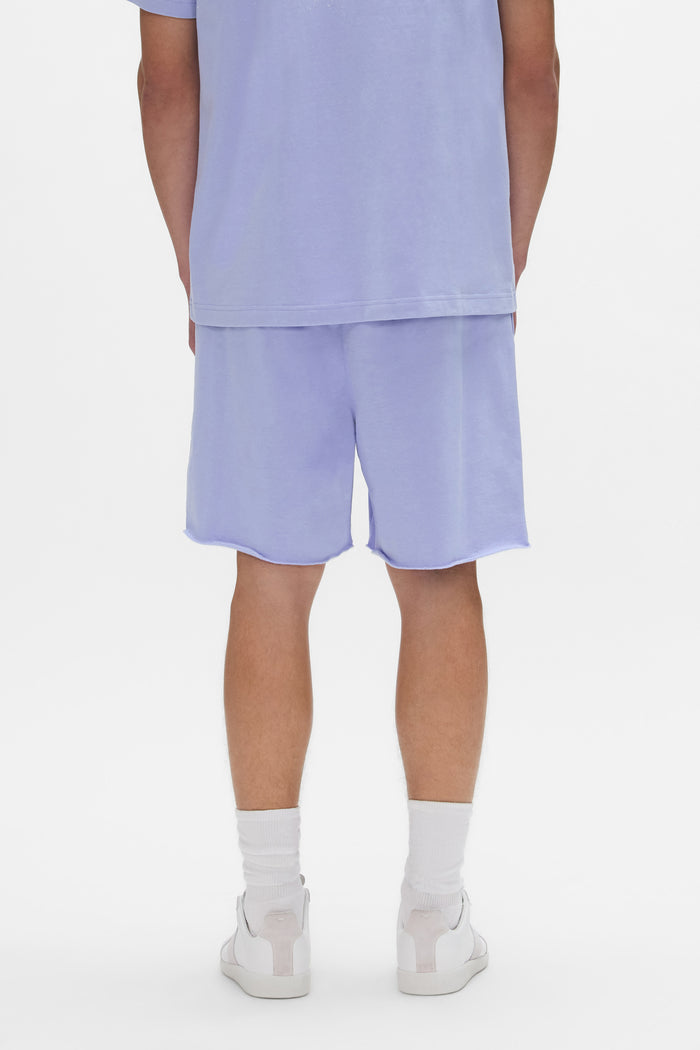 Painted Wordmark Short in purple with elastic waistband and screen printed logo.