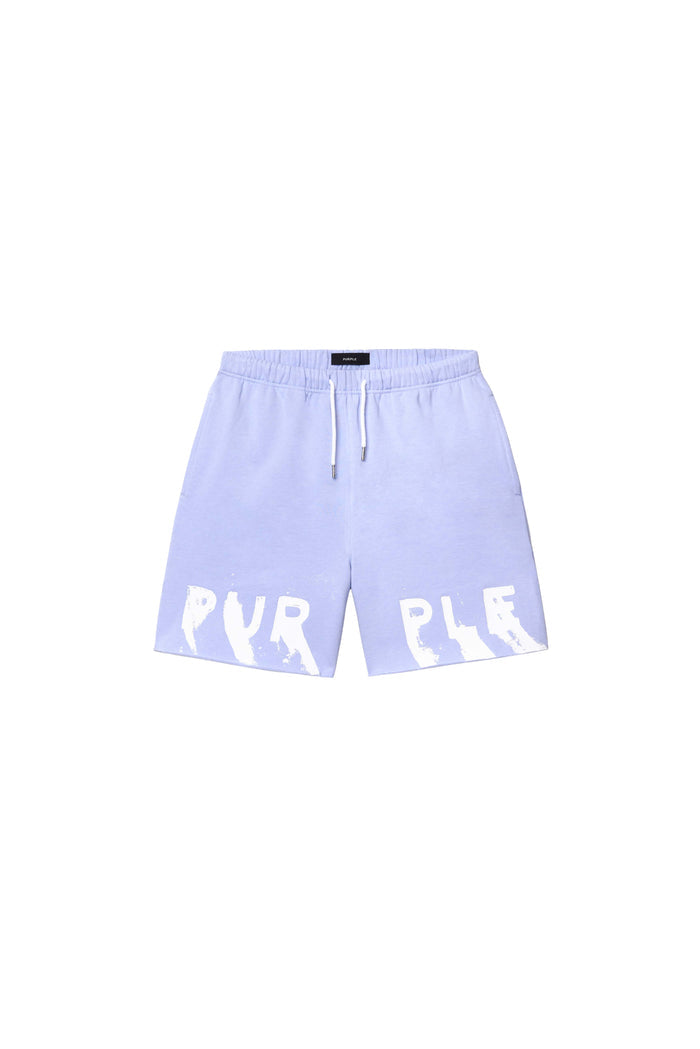 Painted Wordmark Short in baby lavender with elastic waistband and screen printed logo.