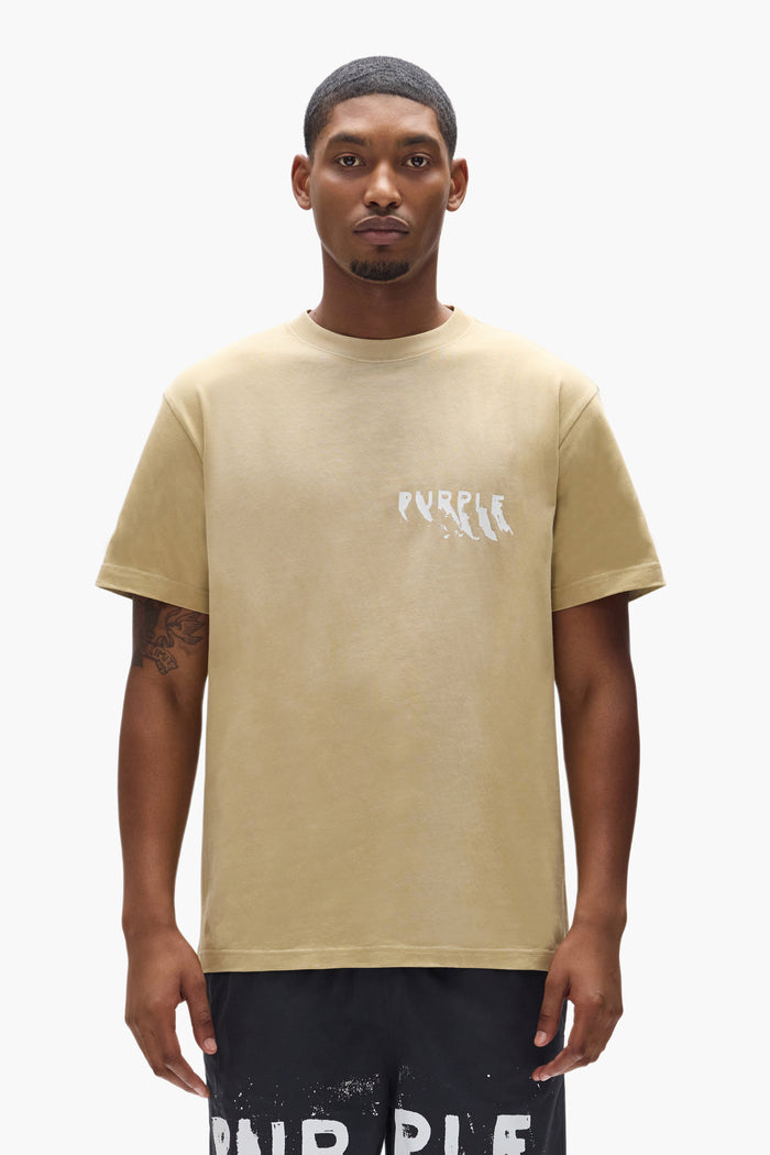 Painted Wordmark Tee in beige, 100% cotton, regular fit, screen printed logo, heavy jersey.