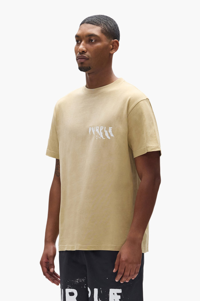Painted Wordmark Tee in beige, 100% cotton, regular fit, heavyweight jersey, acid wash.