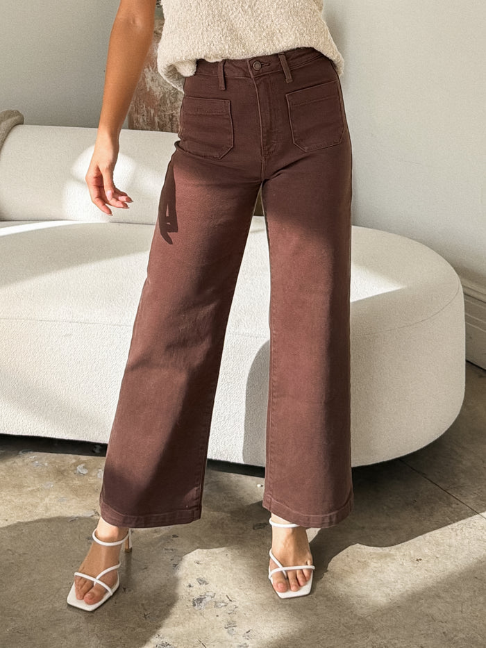 Patch Pocket Wide Leg Jeans in Dark Brown - Stitch And Feather