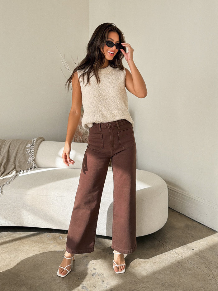 Patch Pocket Wide Leg Jeans in Dark Brown - Stitch And Feather