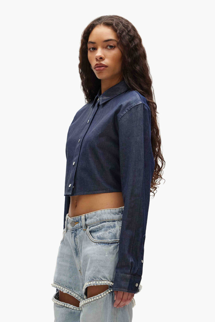 Cropped Pearl Button Up Shirt in cotton chambray with transparent foil and back cutout design.