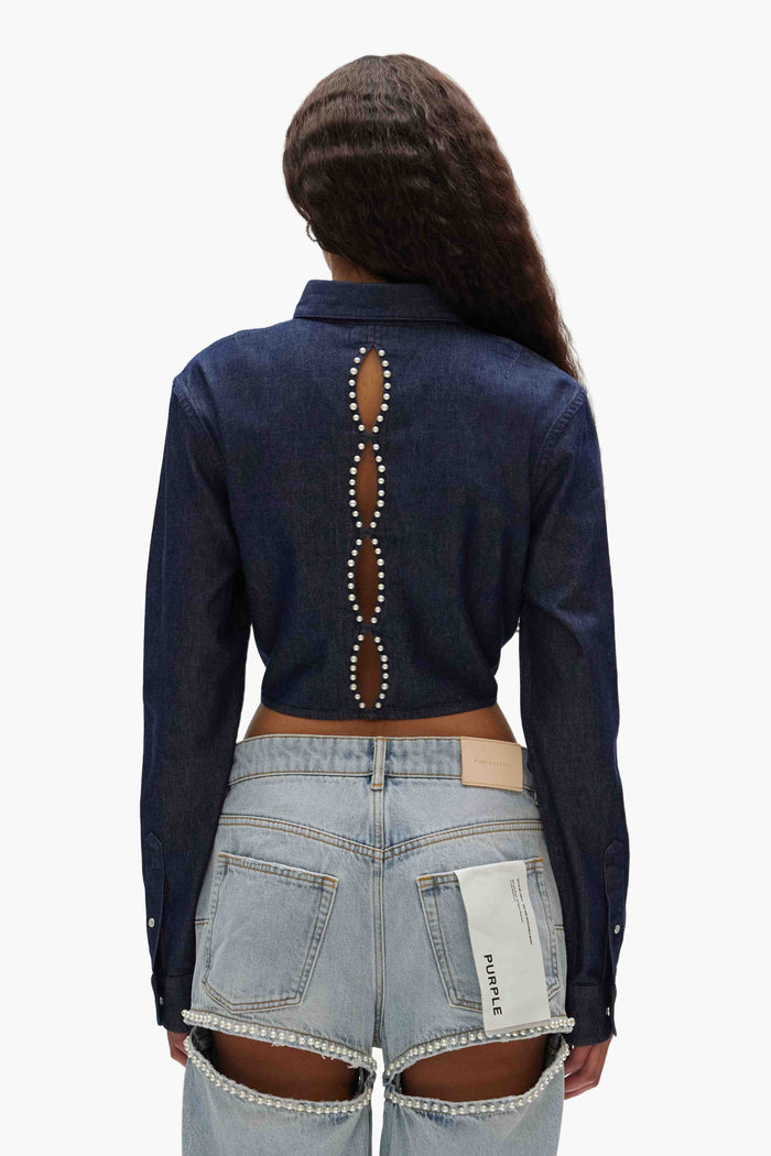 Cropped cotton chambray Pearl Button Up Shirt with foil coating and pearl stud details.