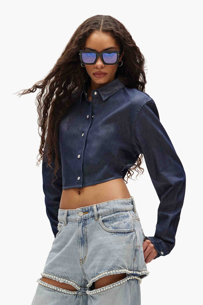 Pearl Button Up Shirt in cropped cotton chambray with transparent foil and pearl stud details.