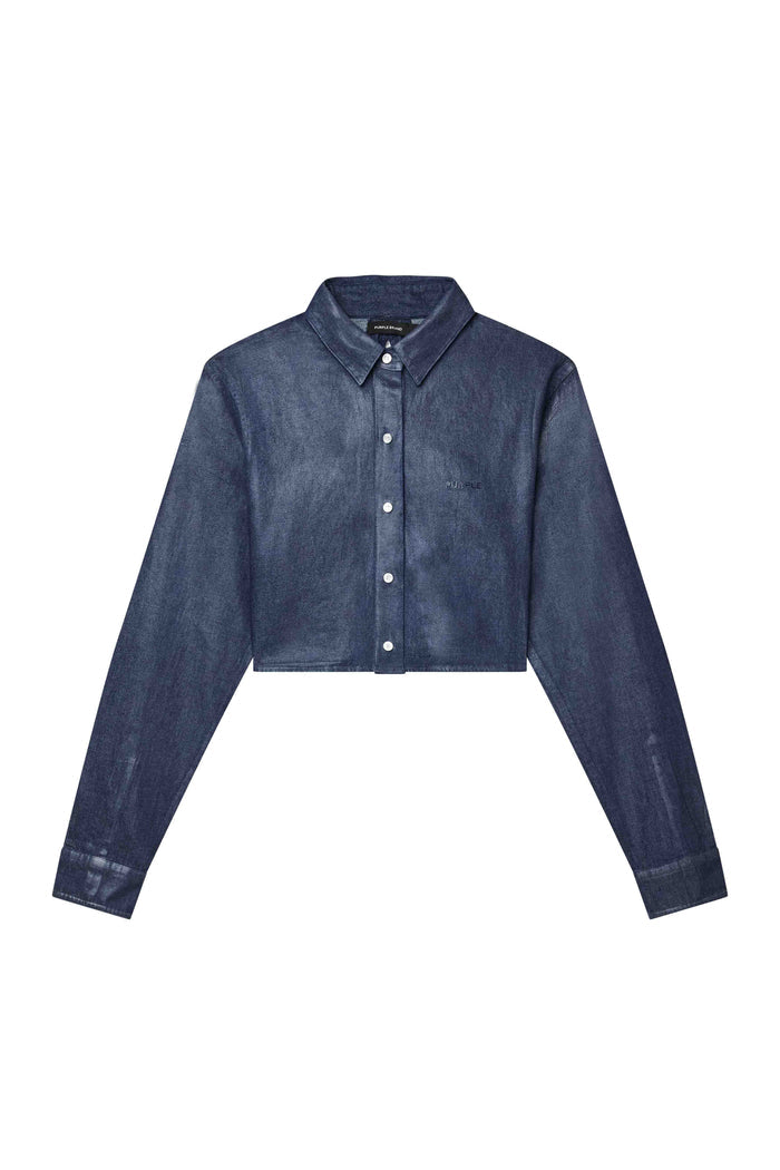 Pearl Button Up Shirt in cotton chambray with transparent foil coating and pearl stud details.