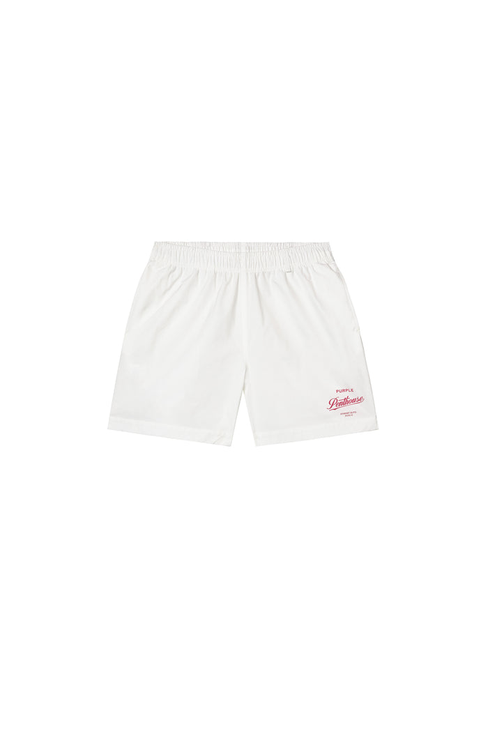 Penthouse Script All Around Short in Brilliant White, regular fit swimwear with elastic waistband.