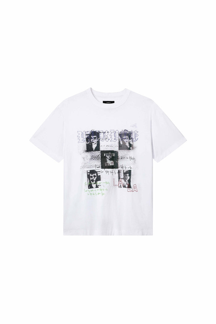 Portraits Tee in Brilliant White, textured jersey fabric, regular fit, available in multiple sizes.