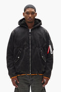 Purple X Alpha Industries Bomber hooded outerwear with distressed details, reversible design.