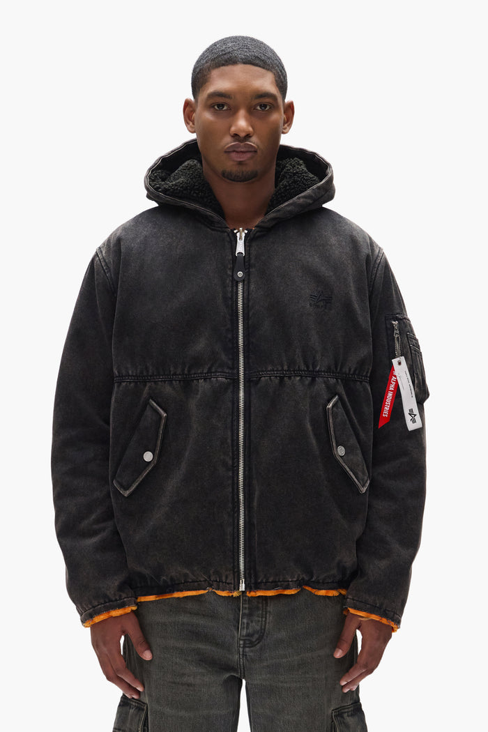 Purple X Alpha Industries Bomber hooded outerwear with distressed details, reversible design.