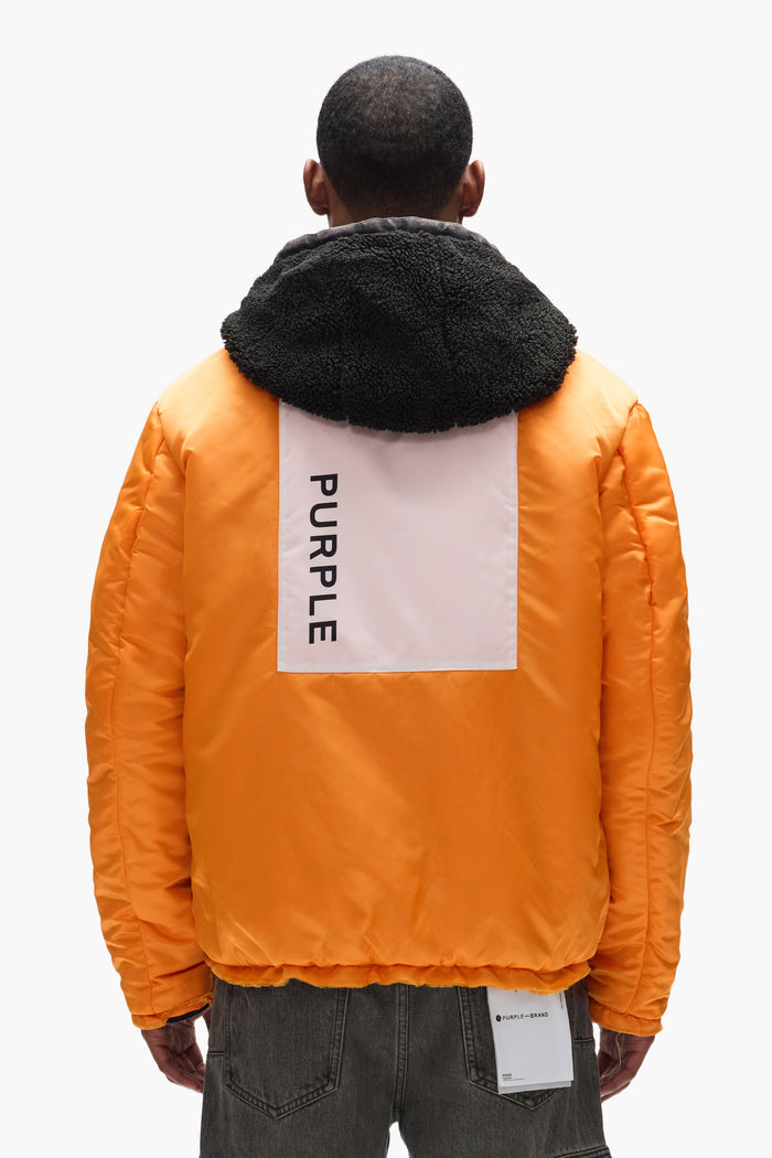 Purple X Alpha Industries Bomber, reversible hooded outerwear with distressed details and relaxed fit